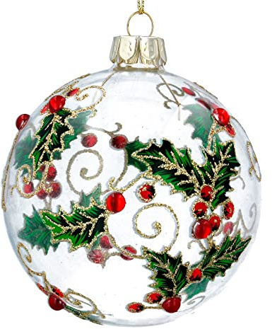 Gisela Graham Glass Christmas Festive Bauble Decoration 8cm - Holly & Berries