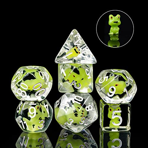 Cusdie Set med 7 tärningar, D&D-tärningar, set med polyedriska tärningar fyllda med djur, för rollspel, spelet Dungeons & Dragons, MTG Pathfinder (groda)