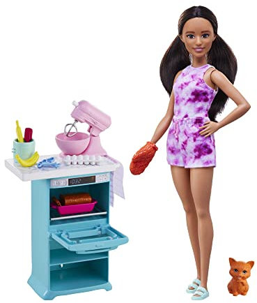 Barbie-Küchenspielzeug, gewellten braunen Haaren, Accessoires, Backspielzeug, Kätzchen, inkl. 1 Puppe, Geschenk für Kinder, Spielzeug ab 3 Jahre,HCD44