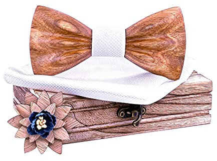 HZQIFEI Nœud Papillon Bois avec Carré de Tissu et Broche en Bois, Mariage, Cadeau, Réception, Mariage (C8, 3Pcs), Taille unique
