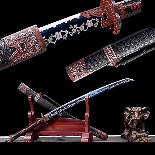 SCJSHU 88cm Dark Dragon Soul Katana,Massivholz Leder Wrap Scheide und Mangan Stahl Klinge,handgemachte Samurai Schwert für Kendo Laido Cosplay Display Dekor sammeln, Brown