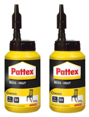 Pattex Bois Classic, colle à bois hautement résistante, colle vinylique pour montage, assemblage, placage ou contrecollage sur supports en bois, colle blanche, 250 g (Lot de 2)