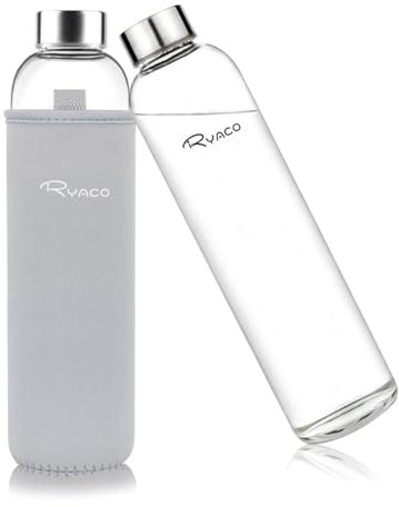 RYACO Glass Water Bottle 750ml/25oz,Borosilicate Glass Bottle with Neoprene Protective Case for Hot Cold Drinks,BPA-Free Leak Proof,Sport Water Bottles with Sponge Brush,Dishwasher Safe