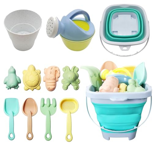 Yhjxly Lot de 11 jouets de plage amusants pour enfants, bac à sable avec seau pliable, pelle, râteau, moules à sable, pour garçons et filles, jouets de plage d'été