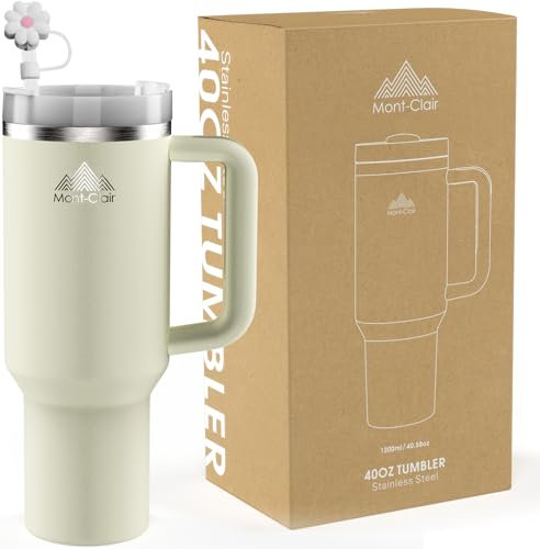 Mont-Clair Tumbler 40oz - Mug Isotherme avec Paille Couvercle Poignée - Gourde boissons chaudes et froides - Froid pendant 10 heures - Glacé pendant 48 heures - 1200ml - Crème