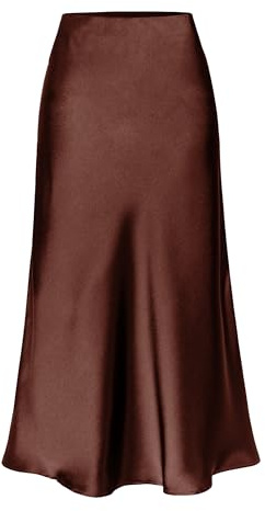 Mesduri Women Midi Skirt Elegant Satin Skirt Solid Color Summer Elastic High Waisted Skirt with Slit Hem (UK, Alpha, S, Regular, Regular, Chocolate)