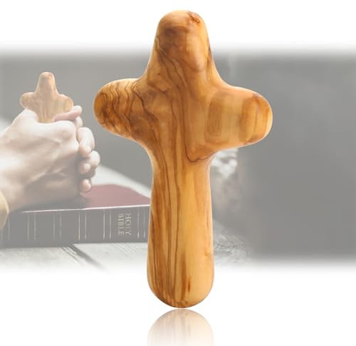 Cruz de sujeción de madera de olivo, diseño ergonómico de grano natural para comodidad, cruz cristiana católica, regalo para meditación y oración