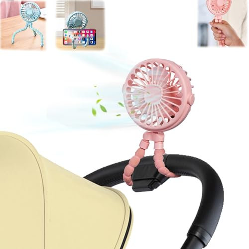 Pram Fan Clip on Stroller Fan, Clip on Fan with 3 Speeds & Night Light, USB Rechargeable Octopus Pram Fan, Handheld Cooling Baby Fan for Pram Stroller Buggy Car Pushchair Bike Travel (Pink)