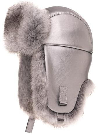 Futrzane Chapeau de Trappeur en Cuir - Russe Chapka Homme Hiver Chaud Fourrure (M, Argent - Argent Siberian)