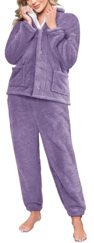 Tuopuda Pyjama Damen Lang Flauschig Fleece Lounge Set, Weihnachts PjS für Women Sleepwear Freizeitanzug mit Tasche Schlafanzugoberteile mit Hosen Nachtwäsche Kuschelig Geschenk für Frauen, Lila, XL