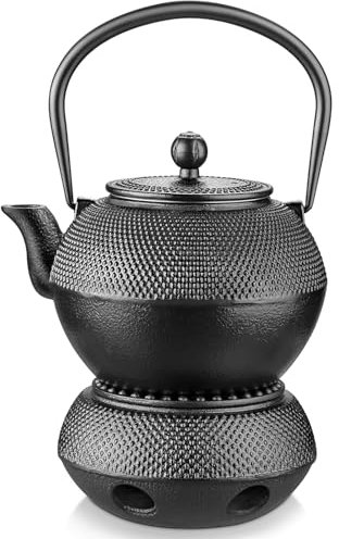 Gr8 Home Cast Iron Black Japanese Style Teapot Stove Tea Pot Tetsubin Tea Kettle with Warmer Tealight Candle Stand Heater Base Holder Set Hobnail Design