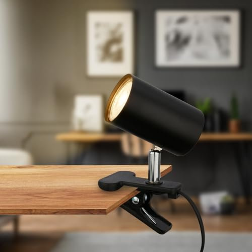 BRILONER - Schreibtischlampe mit Kabelschalter, schwenkbar, Stecker, Leselampe, Klemmlampe, Klemmleuchte, Nachttischlampe, Leselicht Kinder, Bürolampe, Bettlampe, 16,5x6,5x12cm, Schwarz