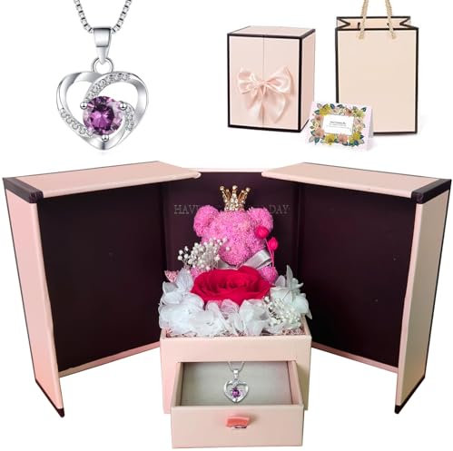 KEKECHAORAN Rosa Eterna con Oso de Musgo, Flores Preservadas Caja de Joyería con Cadena, Caja de Regalo de Collar de Te Amo, Regalo de Cumpleaños Perfecto,Regalo Romántico para el Día de San Valentín