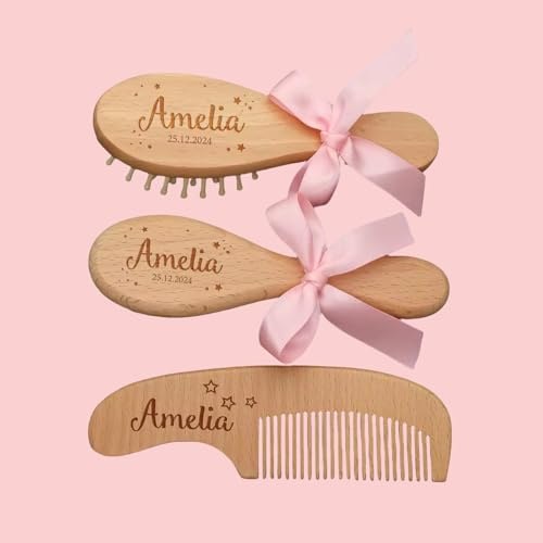 Personalized Baby Gift Newborn Hair Brush and Comb, Customized Engraved Baby Keepsake，Personalized Brush and Comb Set， Wood Bristle Toddler (Pink)