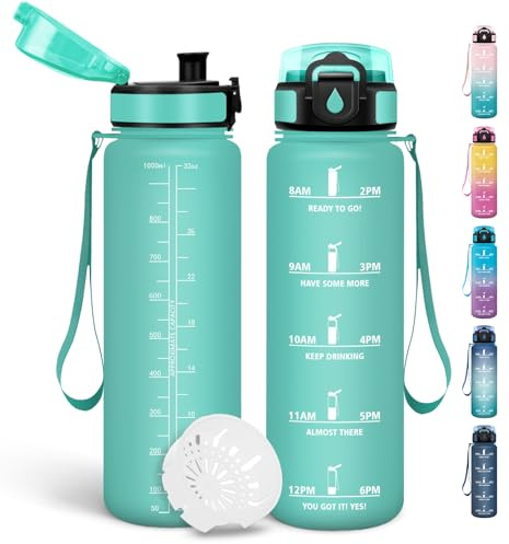 Motswedi Borraccia, 1 litro Senza BPA, Borraccia Motivazionale, a Prova di Perdite, Bottiglia Acqua, Riutilizzabile, Borracce, per Sport, Ciclismo, Palestra, Ufficio, Running - Blu&verde