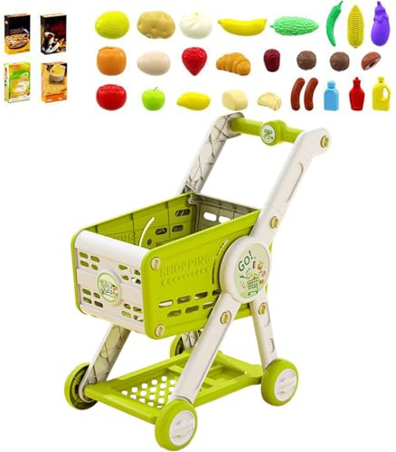 Shopping Cart for Kids, Realistic Design and Features: Cart, Kids Shopping Trolley Play Set, Role-Playing Games, Portable and Lightweight, for Ages 3+