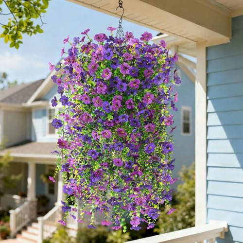 INQCMY Artificial Hanging Flower Baskets for Spring Outdoor Decoration Fake Plants UV Resistant Faux Silk Daisy with Eucalyptus Leaves Realistic Look for Home Porch Patio Yard