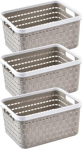 Plastic Storage Basket,3 Pcs Weave Storage Baskets Plastic Rattan storage basket Set with Handles plastic Weave Basket Desktop Storage Box for Bathroom,Kitchen,Cabinet
