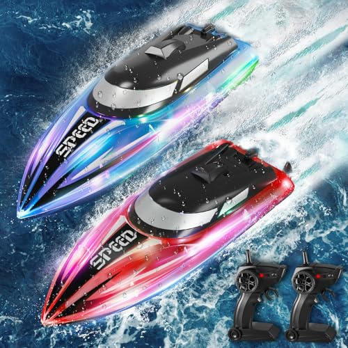 JONRRYIN Barca Telecomandata per Bambini, 2 Pezzi Impermeabile Barca Radiocomandata con Luce LED, 2,4 GHz Barca RC per Piscine e Laghi per Adulti e Bambini (Rosso+Blu)