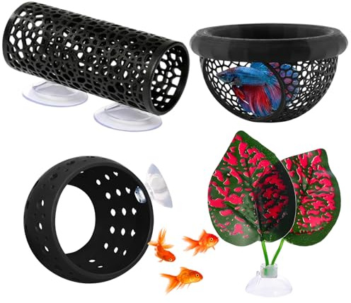 4PCS Betta Fish Accessories, Aquarium Decorations Set, Black Betta Fish Tunnel Set Cylinder Shape, Round Shape, Dome Shape, Plant Style, Observing Shy Fish Behavior, Encouraging Natural Breeding Cycle