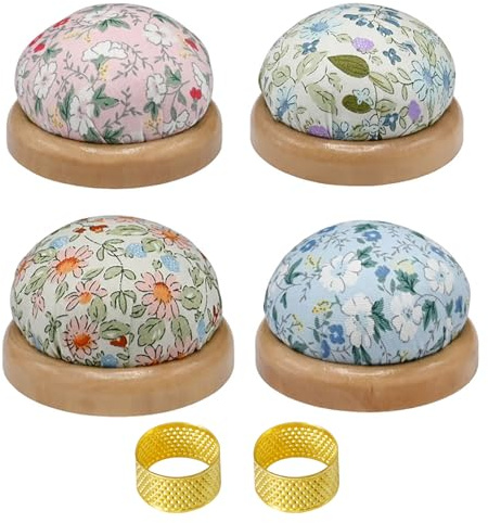 XFSRG Set de Couture Vintage 4 Coussins Épingles Couture Floraux avec 2 Doré Dés Coudre Set de Coussins en Bois Rond Coussin pour Pelote a Épingles Accessoires Kit Couture Mercerie (Set2)