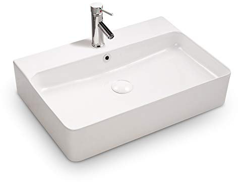 STILFORM Berlin Waschbecken aus feinster Keramik Brillant Weiß für Wandmontage oder als Aufsatzwaschbecken in 60x42 cm mit Hahnloch modern und elegant