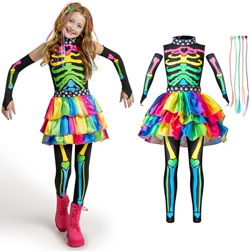 Spooktacular Creations Halloween Kids Skeleton Costume, Funky Punky Bone Colorful Skeleton Deluxe Costume, Halloween Girls Outfit Set with Hair Extensions