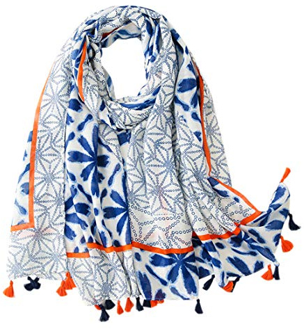 FAIRYGATE Ladies Scarf Blue Mixed Patterned Micro Tassel Soft Stylish Lightweight All Season Versatile Oversized Scarves Elegant Scarfs for Women Sale 34226