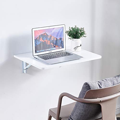 Huisenuk Wall Mounted Folding Laptop Table Floating for Bedroom Kitchen Space Saving, Foldable Wooden Modern Computer Desk Workstation Small Desk Foldable with Metal Support (White)