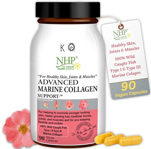 NHP Advanced Marine Collagen Support – Premium Marine Collagen with MSM, Hyaluronic Acid & Rutin for Radiant Skin Anti Aging, Joints, Tendons, Ligaments & Muscle Recovery – 90 Capsules