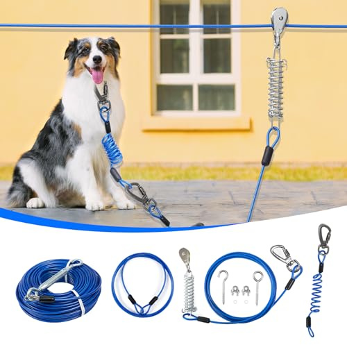 Sistema de amarre para perros de alta resistencia de 75 pies con correas de 10 pies para perros grandes de hasta 250 libras, doble absorción de impactos, tirolina aérea para patio y exterior, camping