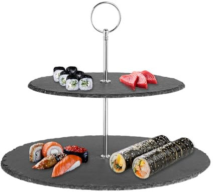 IlGruppone Alzata in Ardesia 2 Piatti Rotondi Set da Portata Centrotavola per Dolci Frutta Snack Manico in Metallo Piatto Rotondo Supporto Ripiani Torte Certificata Contatto Alimentare