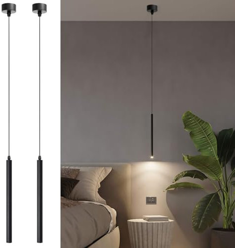 ACMHNC LED Pendelleuchte, 2 Stück Hängeleuchte Schwarz 230V für Schlafzimmer Nachttisch Wohnzimmer, Esstisch, Nicht Aufladbar, Moderne Zylinder Hängelampe Höhenverstellbar, Warmweiß, 30cm
