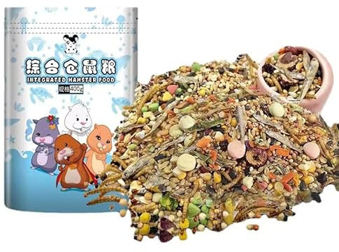 Plaza Hamster Food Mix, Milk-flavoured Breadworms, Small Fish, Vegetables, Seeds, Grains, Treats, Turnips and Apples - Protein-packed, 400g