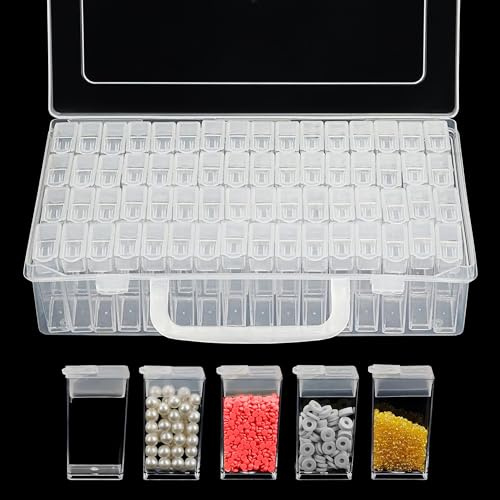 Diamond Art Storage Box 64 Slot Transparent Diamond Bead Storage Organizer for Diamond Painting Kits, DIY Crafts, Jewelry, Rhinestones, Nail Art, Embroidery, Rectangle Compartment Case for Accessories