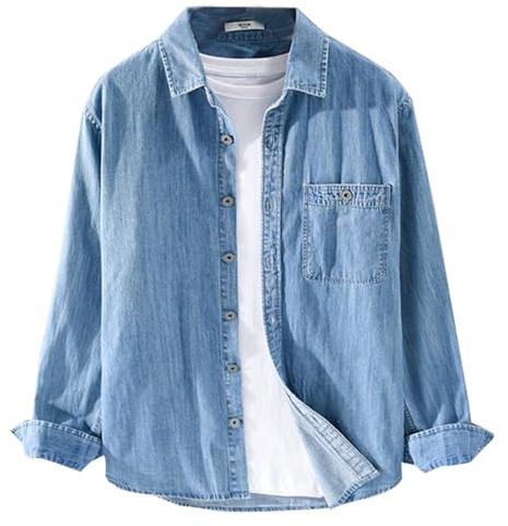RUMAOZIA Giacca di jeans da uomo vintage a maniche lunghe vestibilità regular morbida due tasche vestibilità slim comoda camicia cowboy, classica con abbottonatura top estivi per uomo camicie di jeans