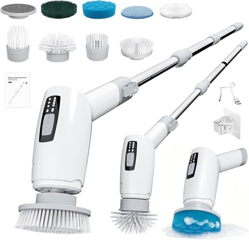 Cleangor Brosse Électrique Nettoyage Rotative, Brosse Nettoyage Salle de Bain avec 9 Têtes de Brosses Remplaçables, 3 Vitesses, Extension Réglable, pour Salle de Bain, Cuisine et Sol (1, Blanc)
