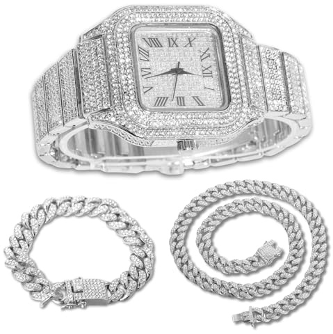 Halukakah Men's Watch - The King - Platinum Plated, 40MM Square Dial, Diamonds Iced Out Wristband, with Cuban Link Chain Necklace Bracelet, Comes in Giftbox, Present for Boyfriend Husband