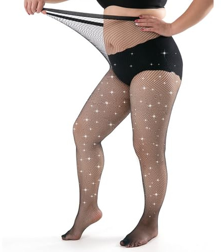 Kaempe Collant Resille Noir Grande Taille, Collant Resille Paillettes Femme, Bas Resille Femme à Strass, Collants Résille Grande Taille (XL)