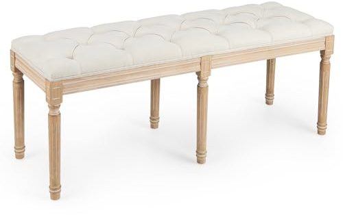 COSTWAY 120cm End of Bed Bench, Vintage Button-Tufted Upholstered Ottoman Bench Piano Stool with 6 Rubber Wood Legs, Long Footstool Dining Vanity Window Seat for Bedroom, Hallway, Living Room, Beige