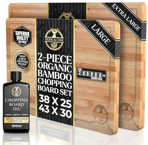 Deer & Oak Wooden Chopping Board Set & Food Safe Mineral Oil Bundle, Large & XL Bamboo Cutting Boards Pre Oiled + 100ml Food Grade Wood Oil for Butchers Block & Kitchen Use
