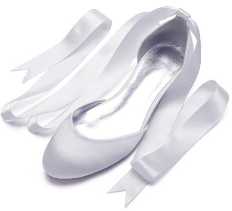 Scarpe da Sposa Basse Raso da Donna Punta Tonda Ballerine con Nastro Scarpe da Matrimoni Stringate,Bianca,37 EU