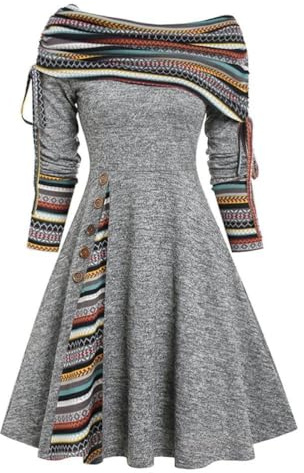 Robe en tricot élégante à manches longues pour femme - Robe de fête chaude - Tunique décontractée - Col cintré - Rayures évasées - Robe de fête - Robe d'automne - Robe de soirée - Style ethnique