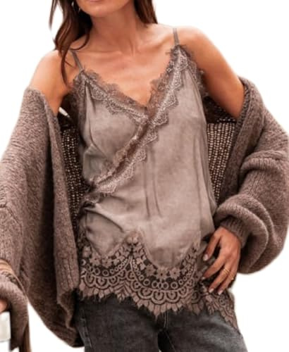 Alaurbeauty Top Camisole con rifiniture in seta da donna, in raso asimmetrico a strati, sottogonna patchwork in pizzo