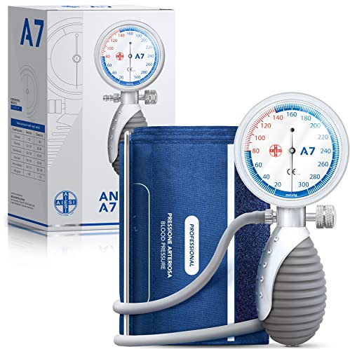 AIESI® Sfigmomanometro Manuale Professionale Aneroide modello palmare per adulti ANEROID A7, Impugnatura orientabile, Garanzia Italia 24 mesi