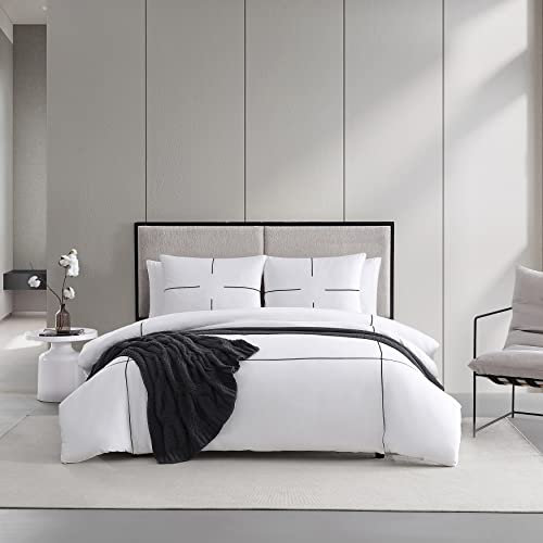 Vera Wang Reversible Cotton Bedding Set with Matching Shams, Designer Home Décor, Sateen 100%, Zig Zag White/Black, Queen