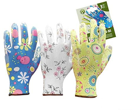 3 Paar Farben Mix Schutzhandschuhe, beschichtet mit Nitril, Handschuhe ®Auto-schmuck (Blumen Grün 9/L)