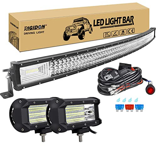 RIGIDON 52 Pulgadas 130 cm 675W curva barra de luz led y 12V kit de cableado, 2x 5 pulgadas 135W foco proyector led, Largo alcance barras luminosas led para todoterreno camión coche tractor ATV 4x4