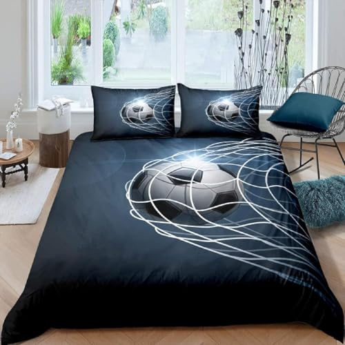 XLYYDS Housse de Couette 200x200 Football Noir et Blanc, Parure de Lit 2 Personnes Imprimée en Microfibre avec Fermeture éclair et 2 Taies d'oreiller 65x65 cm
