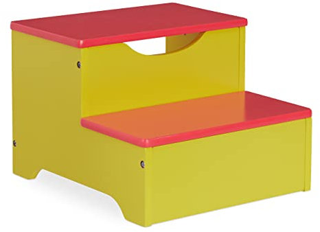 Relaxdays Tritthocker Kinder, Trittschemel mit 2 Stufen, 25 cm hoch, Bad, MDF, Kindertritt für Waschbecken, gelb/rot